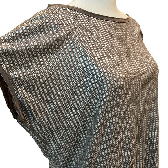 Vince Tunic Top Womens Medium Taupe Metallic Silver Sequins Short Sleeve Draped - Picture 5 of 11
